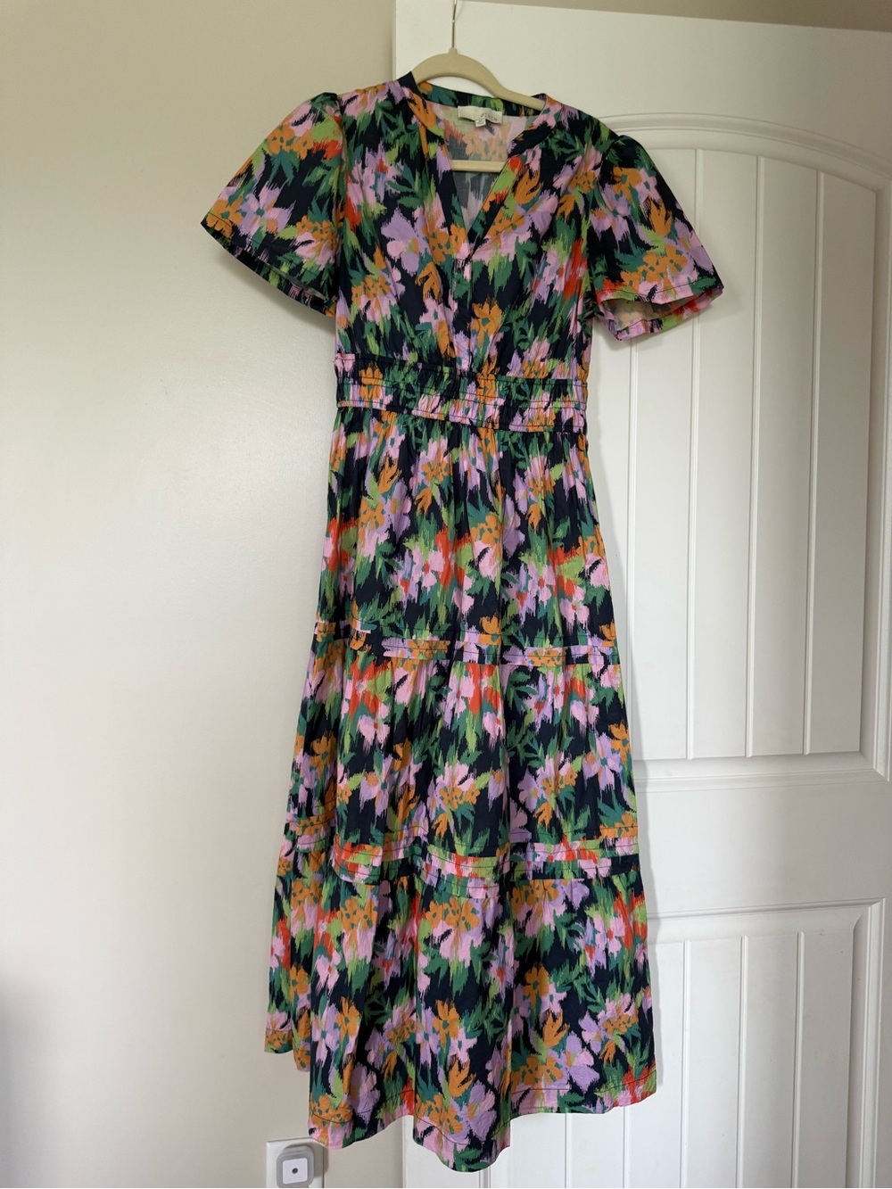 Pinch Floral V-Neck Tiered Maxi Dress in Black with Pink, Green & Orange